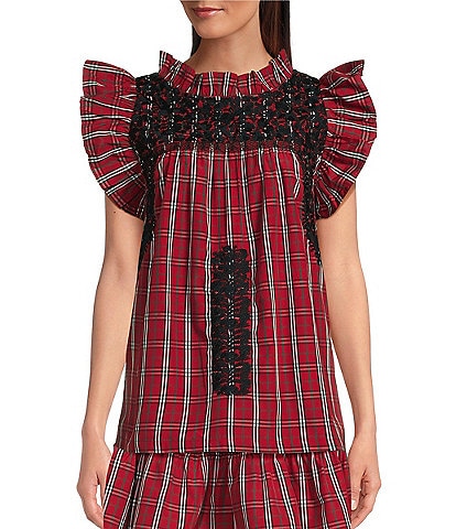 J.Marie Rayna Embroidered Plaid Cap Sleeve Ruffle Neck Top