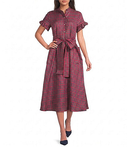 J.Marie Ruffle Sleeve Button Front Plaid Midi Dress