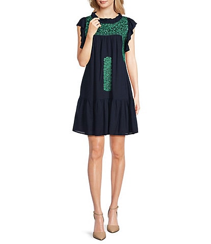 J.Marie Ruffled Neck Cap Sleeve Embroidered Tiered Dress