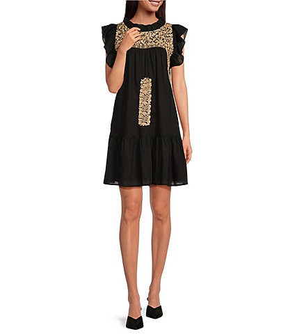 J.Marie Ruffled Neck Cap Sleeve Embroidered Tiered Dress