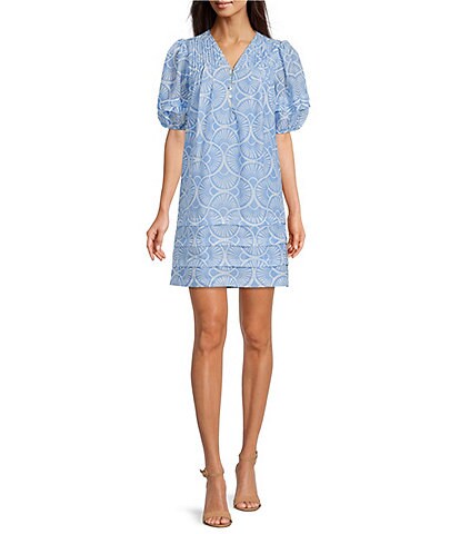 J.Marie Rylee Printed A-Line V-Neck Puff Sleeve Button Front Dress