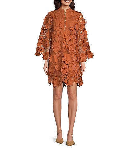 J.Marie Seraphina Floral 3D Lace Split Round Button Up Neck Long Sleeve Shift Dress