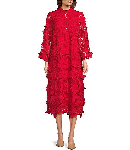J.Marie Seraphina Floral Long Sleeve 3D Lace Mandarin Collar Midi Dress