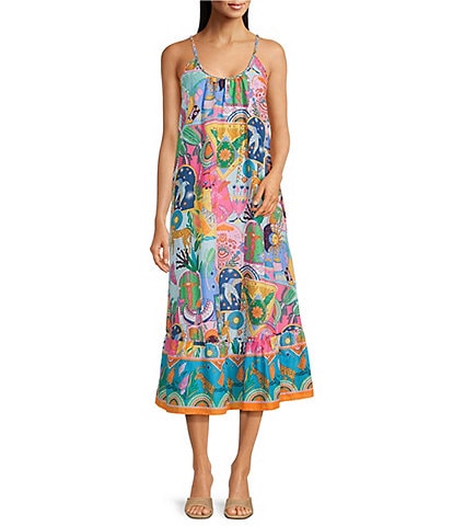J.Marie Sloane Printed Scoop Neck Braided Midi Shift Dress