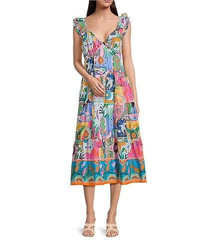 J.Marie Sloane Printed V-Neck Ruffle Sleeve A-Line Dress