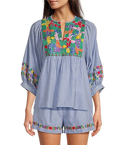 J.Marie Tristen 3/4 Sleeve Embroidery Coordinating Top