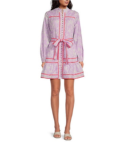 J.Marie Vivian Floral Print Button Front Long Sleeve Belted Side Pocket Tiered A-Line Mini Dress