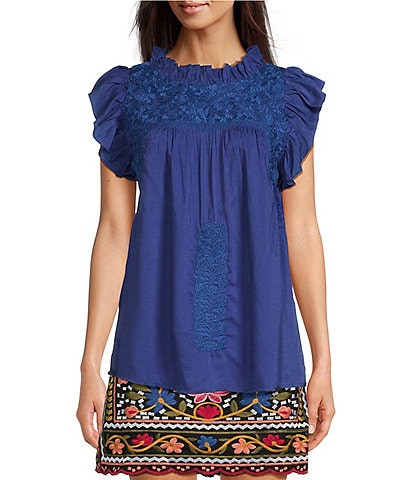 J.Marie Woven Embroidered Cap Sleeve Ruffled Trim Top