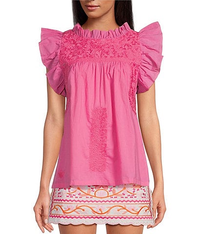J.Marie Wrin Woven Embroidered Cap Sleeve Ruffled Trim Top