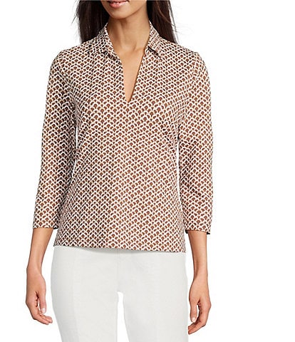 J.McLaughlin Aida Printed Catalina Cloth Split V-Neck 3/4 Sleeve Top
