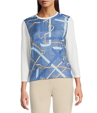 J.McLaughlin Alessandra Printed Mixed Media Crew Neck 3/4 Sleeve Top