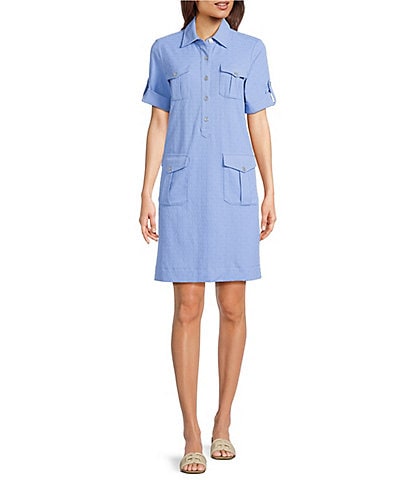 J.McLaughlin Amber Chambray Riptide Jacquard Point Collar Short Sleeve Dress