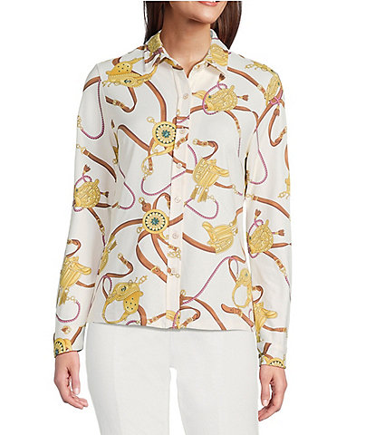 J.McLaughlin Betty Printed Catalina Cloth Point Collar Long Sleeve Button Front Top