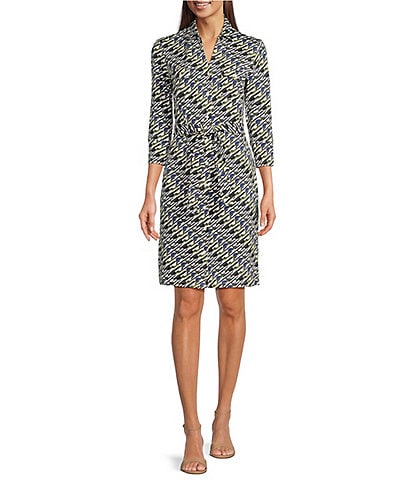 J.McLaughlin Brynn Lyford Jersey Knit Geo Print Collared V-Neck 3/4 Sleeve Chest Pocket Belted Shirt Dress