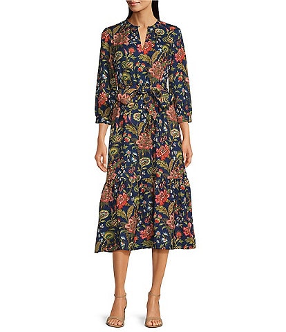 J.McLaughlin Cerina Drapey Poly Crepe Floral Print Split V-Neck Bracelet Sleeve Belted A-Line Dress