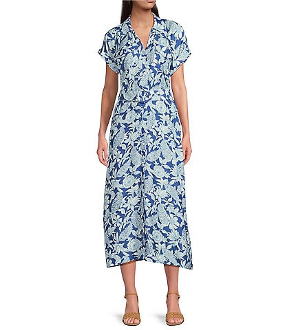 J.McLaughlin Cetara Floral Print Point Collar Short Sleeve Belted Dress