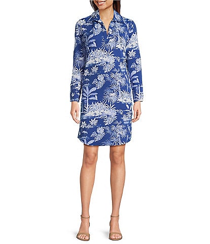J.McLaughlin Charlee Knit Catalina Cloth Printed Split V-Neck Long Sleeve Dress
