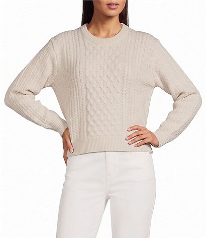 J.McLaughlin Crew Neck Long Sleeve Cotton Aran Cable Knit Sweater