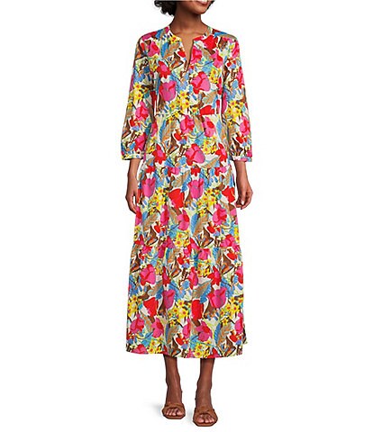 J.McLaughlin Cunningham Floral Print Split V-Neck 3/4 Sleeve Tiered A-Line Linen Dress