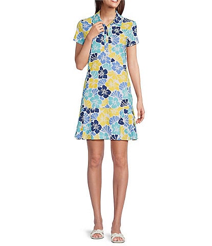 J.McLaughlin Dorte Blossom Catalina Cloth Knit Point Collar Cap Sleeve Side Pocket Pleated Shirt Dress