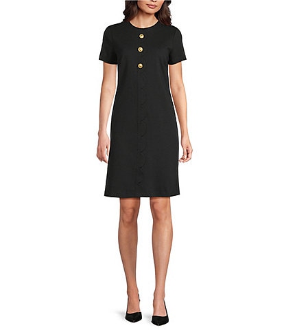 J.McLaughlin Florence Knit Round Neck Short Sleeve Button Front Scallop A-Line Dress