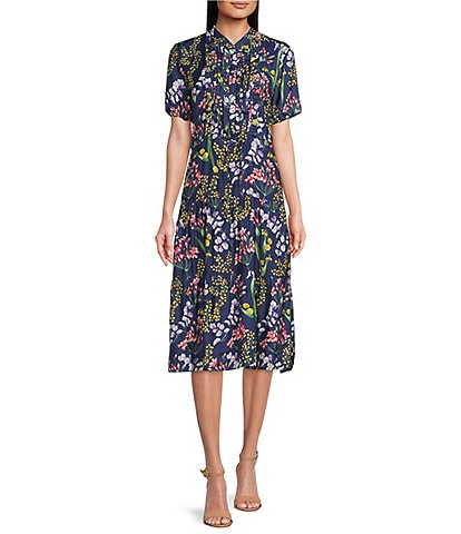 J.McLaughlin Harper Floral Print Stand Collar Short Puffed Sleeve Tiered A-Line Midi Dress