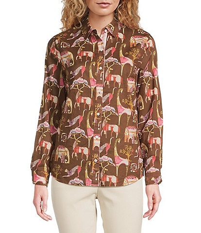 J.McLaughlin Lois Animal Printed Point Collar Long Sleeve Button Front Blouse