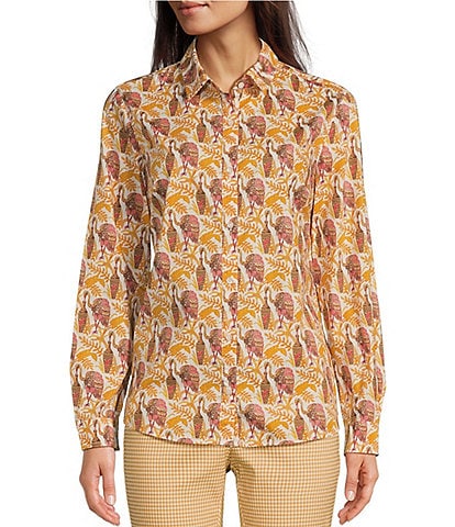 J.McLaughlin Lois Cotton Poplin Flamingo Print Point Collar Long Sleeve Button-Front Shirt