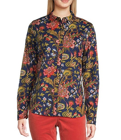 J.McLaughlin Lois Stretch Cotton Poplin Floral Print Point Collar Long Sleeve Button Front Blouse