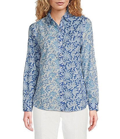 J.McLaughlin Lois Woven Floral Print Point Collar Long Sleeve Button Front Blouse