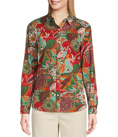 J.McLaughlin Lois Woven Floral Print Point Collar Long Sleeve Button-Front Shirt