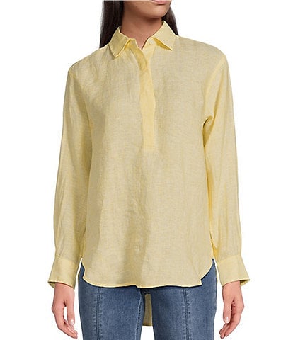 J.McLaughlin Lula Striped Linen Spread Collar Long Sleeve Shirttail Hem Shirt