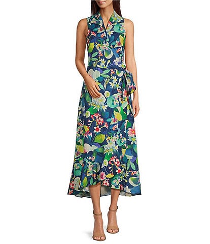 J.McLaughlin Miramar Floral Print Linen Spread Wing Collar Sleeveless Wrap Front A-Line Dress