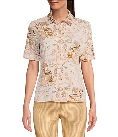 J.McLaughlin Monroe Printed Point Collar 3/4 Roll-Tab Sleeve Button-Front Shirt
