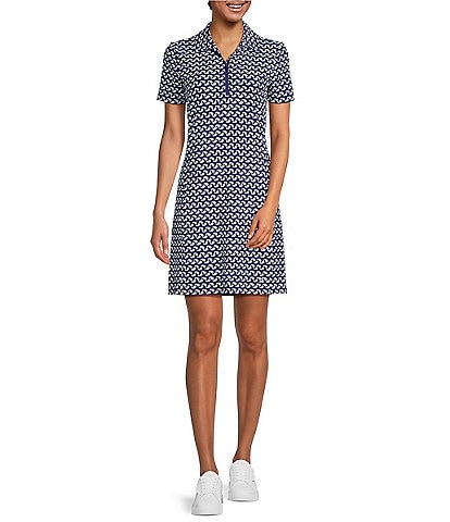 J.McLaughlin Ritchie Catalina Cloth Knit Geo Stripe Print Point Collar Short Sleeve Pocketed A-Line Dress