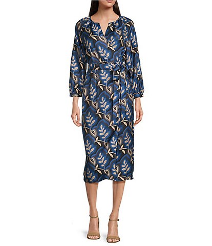J.McLaughlin Seville Silk Twill Leaf Print Surplice V-Neck 3/4 Sleeve Pocketed Midi Faux Wrap Dress