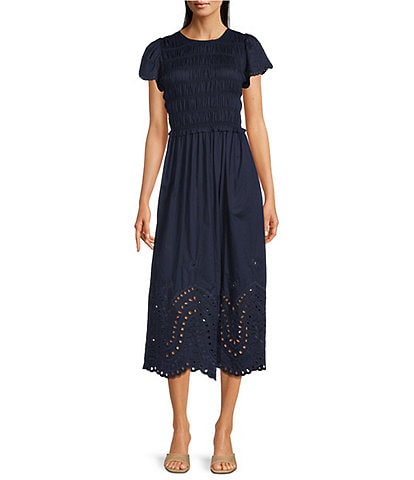 J.McLaughlin Somerset Smocked Round Neck Ruffle Cap Sleeve Eyelet Midi Dress