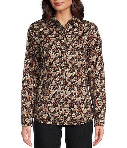 J.McLaughlin Stretch Cotton Poplin Bird Print Point Collar Long Sleeve Button Front Shirt