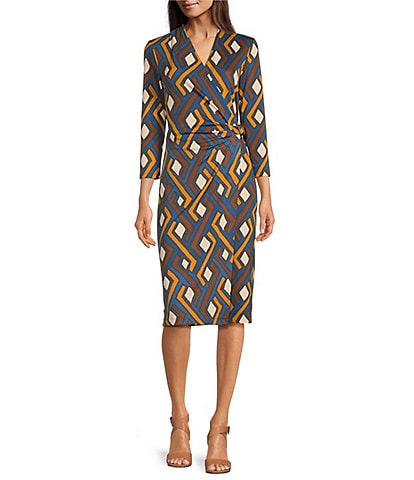 J.McLaughlin Stretch Dree Lyford Jersey Knit Surplice V-Neck 3/4 Sleeve Faux Wrap Midi Dress