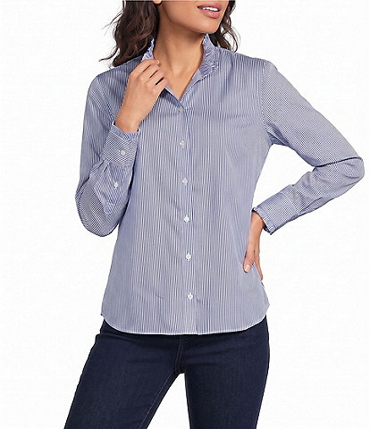 J.McLaughlin Tess Woven Stripe Ruffle Mock Neck Long Sleeve Button-Front Blouse
