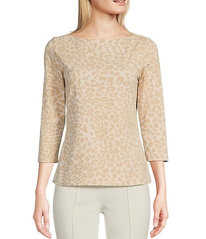 J.McLaughlin Wavesong Leopard Print Knit Boat Neck 3/4 Sleeve Button Shoulder Tee