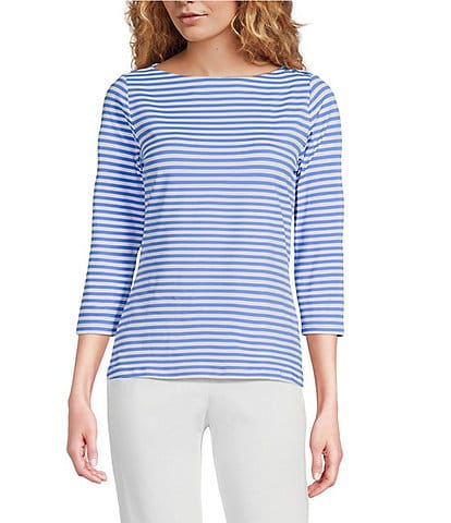 J.McLaughlin Wavesong Striped Print 3/4 Sleeve Button Shoulder Tee Shirt