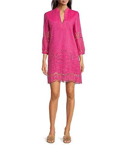 J.McLaughlin Woven Eyelet Split V-Neck 3/4 Sleeve Dress