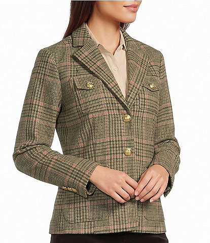 J.McLaughlin Woven Plaid Stand Collar Long Sleeve Button-Front Jacket