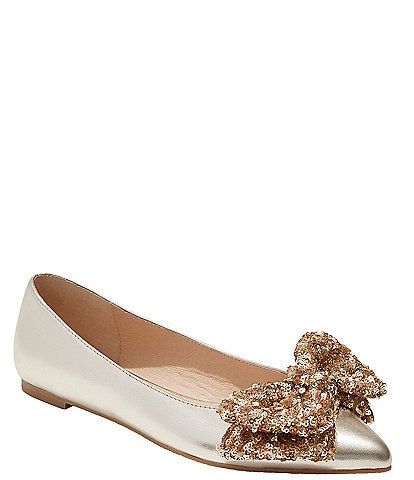 Jack Rogers Debra Metallic Leather Sequin Bow Pointed Toe Ballet Flats