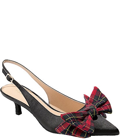 Jack Rogers Debra Satin Tartan Plaid Bow Slingback Kitten Heel Pumps