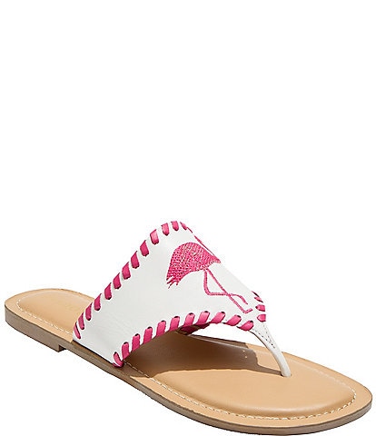 Jack Rogers Flamingo Leather Embroidered Thong Sandals