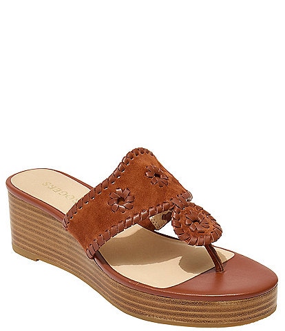 Jack Rogers Jacks Suede Platform T-Strap Thong Wedge Sandals
