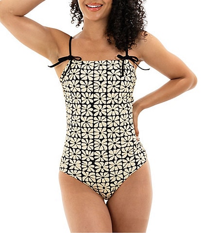 Janela Bay Cream Square Floral Square Neck Faux Shoulder Tie Bandeau One Piece Swimsuit