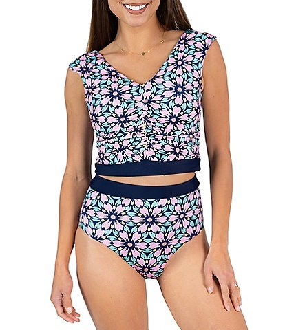 Janela Bay La Valencia V-Neck Cap Sleeves Tankini Swim Top & Seamless High Waist Swim Bottom